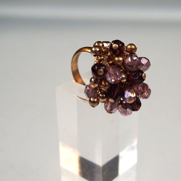 Cocktail Ring Purple And Gold Tone Beaded Ring Size 8 - Picture 5 of 12
